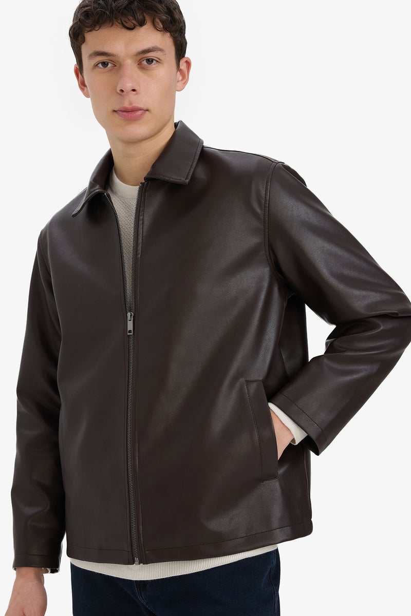 DeFacto Brown Man Regular Fit Shirt Collar Zippered Seasonal Faux Leather Jacket Casual - Image 3